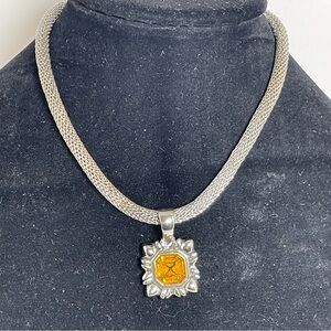 Silver Tone Mesh Choker Necklace with Amber and Silver Tone Pendant